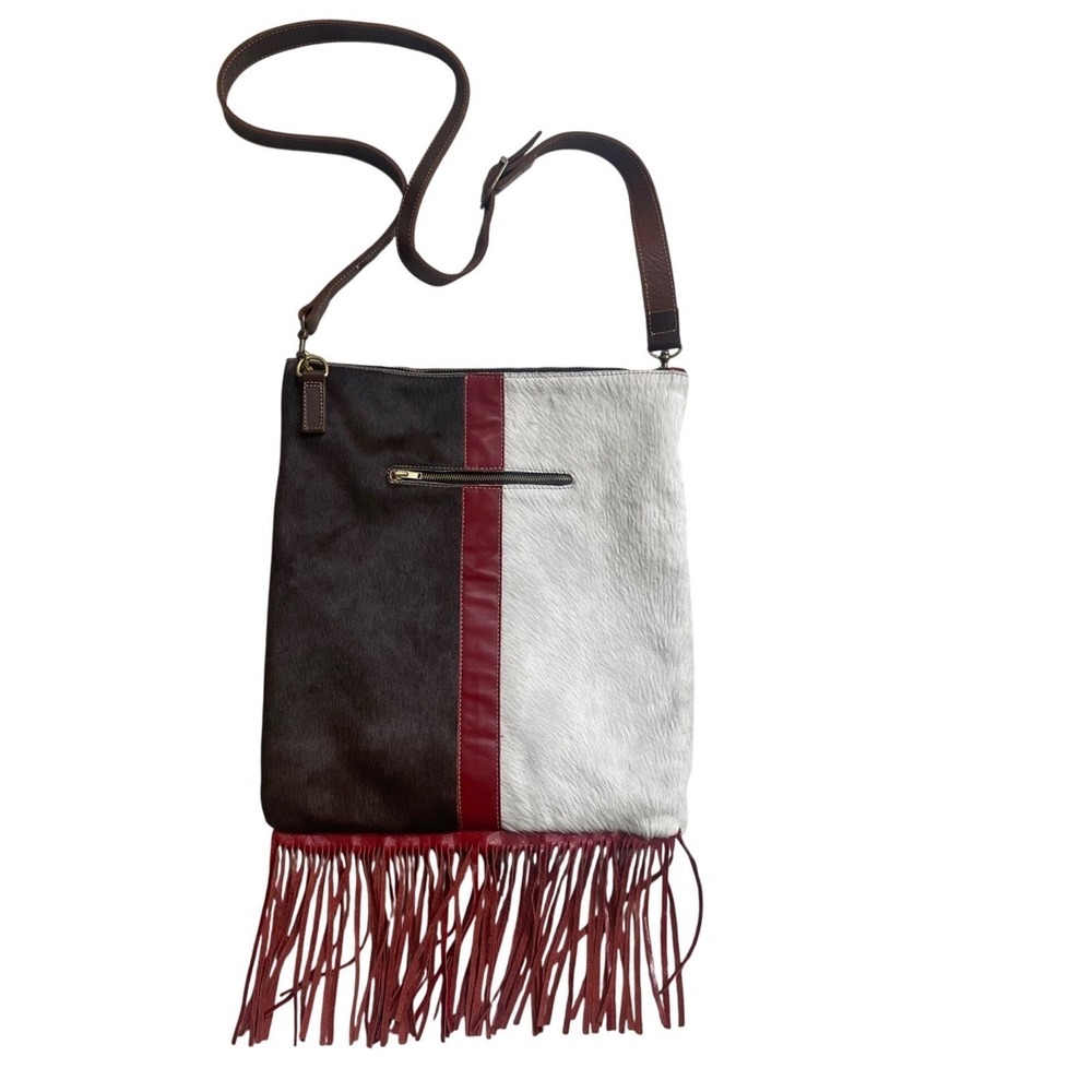 Handmade USA Leather Cowhide Fringe Crossbody Bag Western Boho Brown Red White